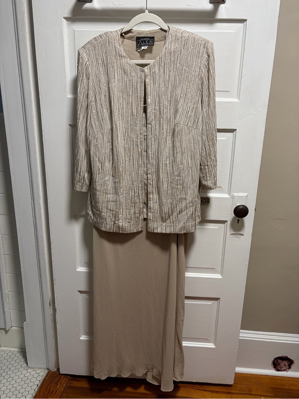 Alex Evenings Beige Glitter Jacket with Matching Skirt Dress Set